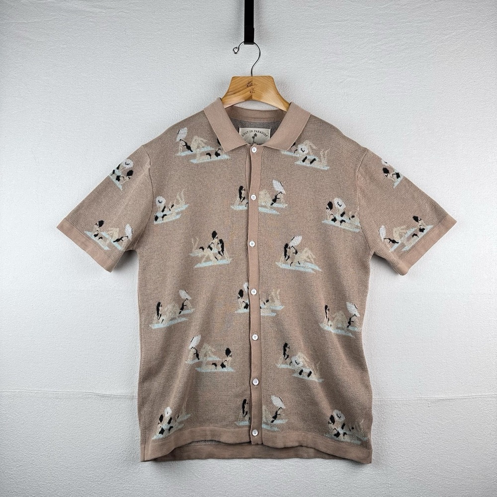 Free Planet "Lost In Paradise" Knit Polo Vintage Beach Resort Scene Mens XL Pink